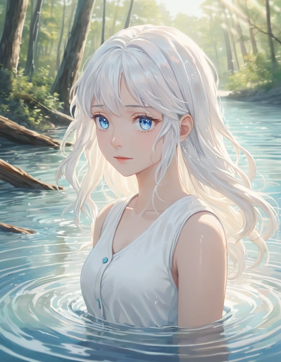 Anime style female character in the woods, (long white hair:1.2), (Gentle expression:1.1), blue eyes, White vest, (Water ripple effect around the body:1.3), Sunlight reflects on the surface of the water, Clear skies, Small splashes of water, High-resolution digital art, pastel color palette, peaceful atmosphere, (Calm ocean background:1.1), Realistic wood texture