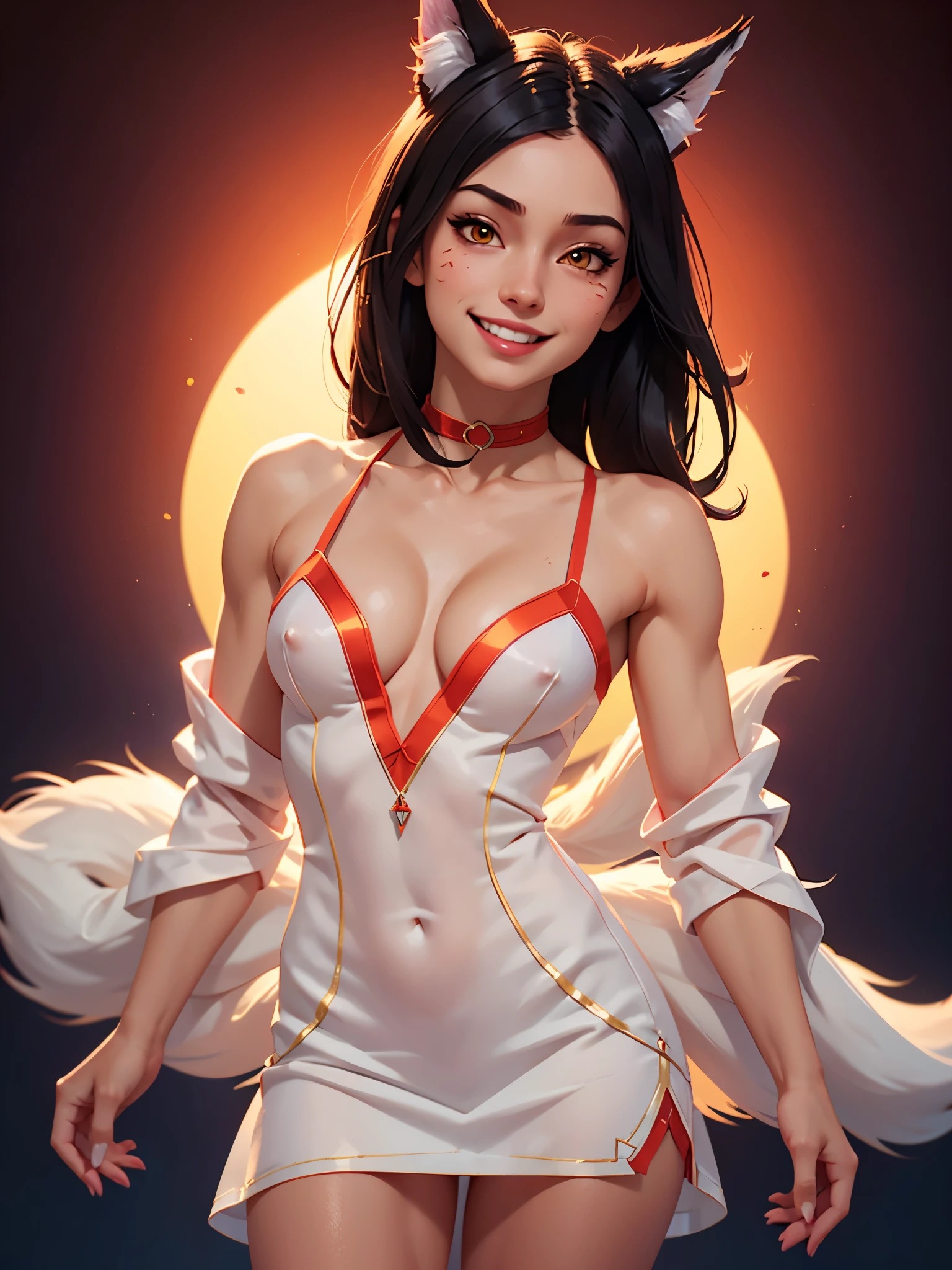 one white girl, ahri, bust, abs, (slender body, muscular:1.2), solo, upper body, yellow eyes, (cascade haircut:1.2), long hair, black hair, fox ears, choker, nsfw, white skin, (transparent clothes, transparent dress, very small breasts, very tiny breasts, small breasts, tiny breasts, male chest, cleavage:1.3), bare shoulders, masterpiece, highly detailed, look at viewer, expressing joy, shiny blured orange background, gradient sprayed background, smile, happy face, naughty grin, front view, gradient red purple background, blured background, glowing edges of image