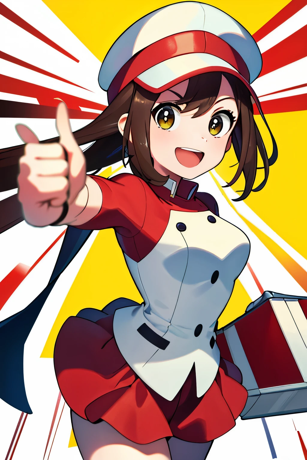 masterpiece, best quality, 8k resolution, RO1, Cartoon style, Slicker design, Delivery man character, In uniform, Yellow with red details, Cap on head, Cheerful expression, Detailed features, Holding a box, Exciting delivery pose, White background, Central subject with blurred edges