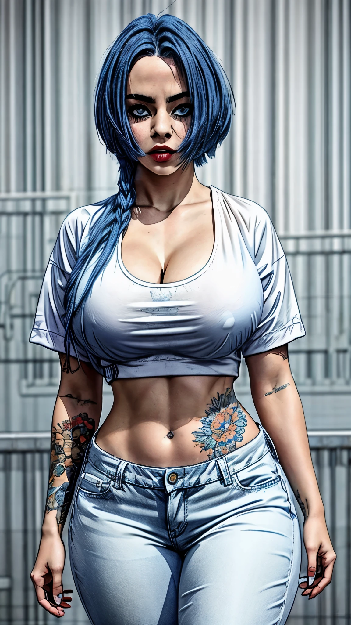 Noah, wind breaker, blue hair, white t-shirt, blue jeans, highly detailed, masterpiece, Hyperrealistic artwork, standing, looking at camera, large breast, Thick thighs, curvy hips, tatto on right shoulder