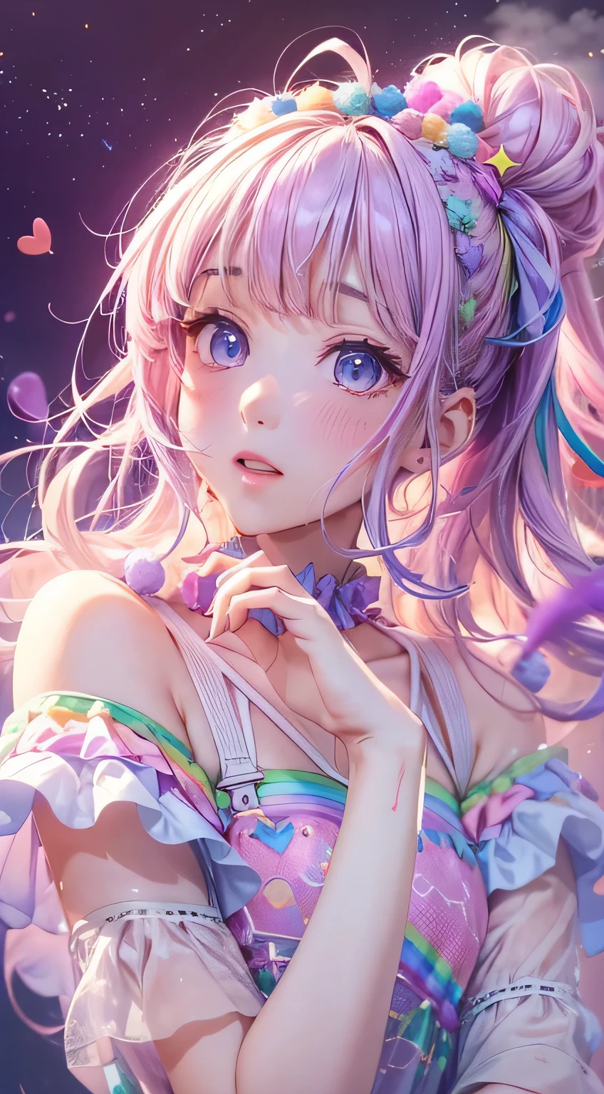(whole body, legs and shoes visible: 1.2)) Expressive eyes, woman, Pale skin, Long Hair, Windblown Hair, ((absurdly Long Hair)), Long side locks, Princess bangs, hair bangs, Hair Bun, ((Very long twin tails)), Rainbow Hair, Light pink hair, Blushing, full face Blushing, big sparkling Pastel Purple eyes, (Gradient Eye), Laughing with your mouth open, cute pose, ((Holding a balloon : 1.3)) 
((cute and pastel fashion)), A loose pastel dress, ((Dreamy multi-colored open dress)), (Floating ribbon), Lavender Frills, Pink frills, (Light blue lace), Removable short sleeves, Fluffy skirt, ((Rainbow and star printed skirt : 1.3)), Lolita Skirt, Purple ribbon, ((pom pom ribbon hair ornament : 1.4)), Multiple Bows, Striped lace stockings, (Heart-shaped leg garters), cute (Pastel Purple) shoes ((Ultra-detailed clothing and fashion)) I&#39;m watching you, Vintage Girl, Blushing, (Beautiful fine details), (Highly detailed CG Unity 8k wallpaper) (Best Shadow), ((Very delicate and beautiful)), (Detailed light), ((Depth of written boundary)) Big Head, big shining eyes, Moe, Splash Art, Cinema Lighting, Front view, Volumetric lighting Maximalist photo illustration k resolution High resolution Intricate detailed complex key visuals Accurate linear 
((Dreamy pastel sky background, Surrounded by sunset clouds, shooting star, Castle above the clouds)) ((Ultra-detailed landscapes, Foggy clouds, Hung by balloons, heart : 1.3))
