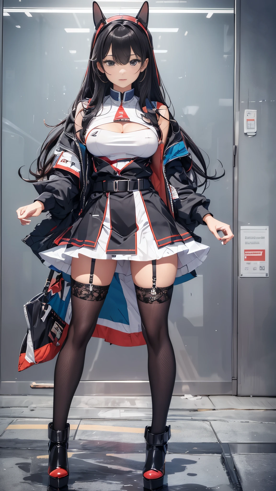 ((masterpiece, high quality, best quality, 8k, wallpaper, fine lineart, highly detailed, absurdres)), 1girl, korean popstar, thighhighs, miniskirt, high heels, mesh top, long black hair, pretty hands, cameltoe, curly hair,