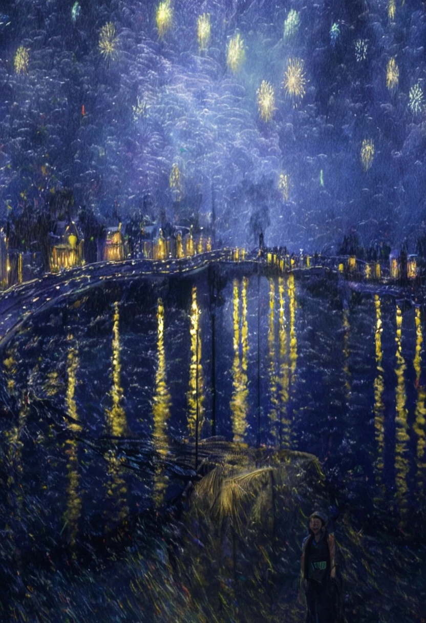 A woman stands on the bridge under the fireworks