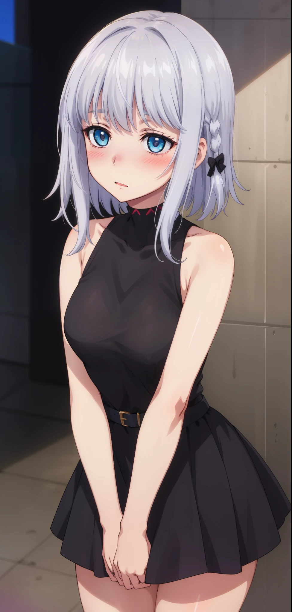 1 girl, kanon kanase , blush, medium breasts, sleeveless,black dress, cowboy shot, 20-year-old, healthy skin, blushed, silver hair 