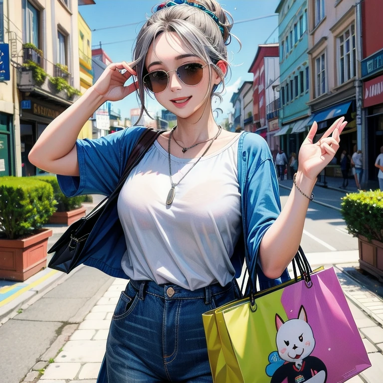 Altamente detalhado, alta qualidade, obra de arte, 1 mulher, Caminhando pela rua, shopping bag with both hands, happy expression, cabelo castanho, tied in a messy bun, (roupa casual: 1.1), camiseta branca, saia curta, salto alto, maquiagem leve, (silver necklace: 1.2), sunglasses on head, segurando flores, pessoas e vitrine ao fundo, ao ar livre, dia ensolarado.