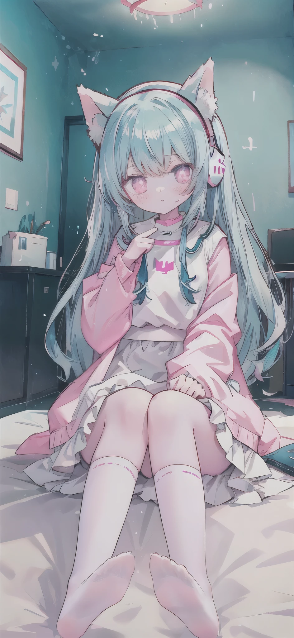 ，White knee socks，Long light blue hair，Pink and white sweatshirt，pink eyes，Blue headphones