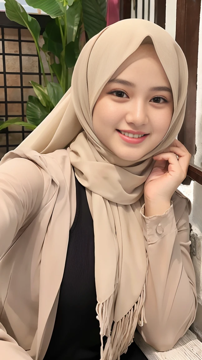 Selfie taken, See full body, luxury details, 8k, natural, realistic, amazing shots, ULTRA HD,
1 girl, 18 years old, smooth white face, white skin, smailing,  neat white teeth, big breasts, wearing a long white hijab covering the body, with decorations on the hijab, Muslim clothes for worship, beautiful face, beautiful black face, cute, curly eyelashes, beautiful eyes , sweet smile, sitting on the bed, Indonesian Muslim, realistic, atmosphere in the out door, in the cafe,