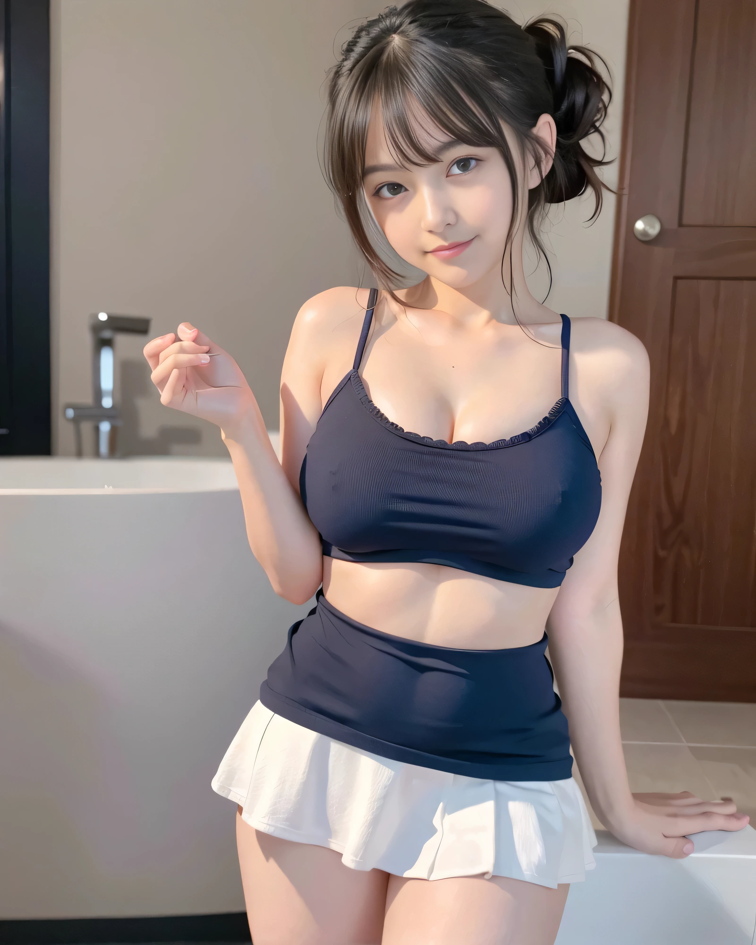 adorable, 1girl, 10 yo. baby face, shy, full body portrait, (face details: 1), (eye details: 1), ((medium breasts)), cleavage. Scrunchie hair. wearing tanktop, short skirt, (large breasts)... Cute posed, bath. Plump legs.. Smile, happy pose, proportional body. Ultra High Res.photorealistic:.1.4, UHD