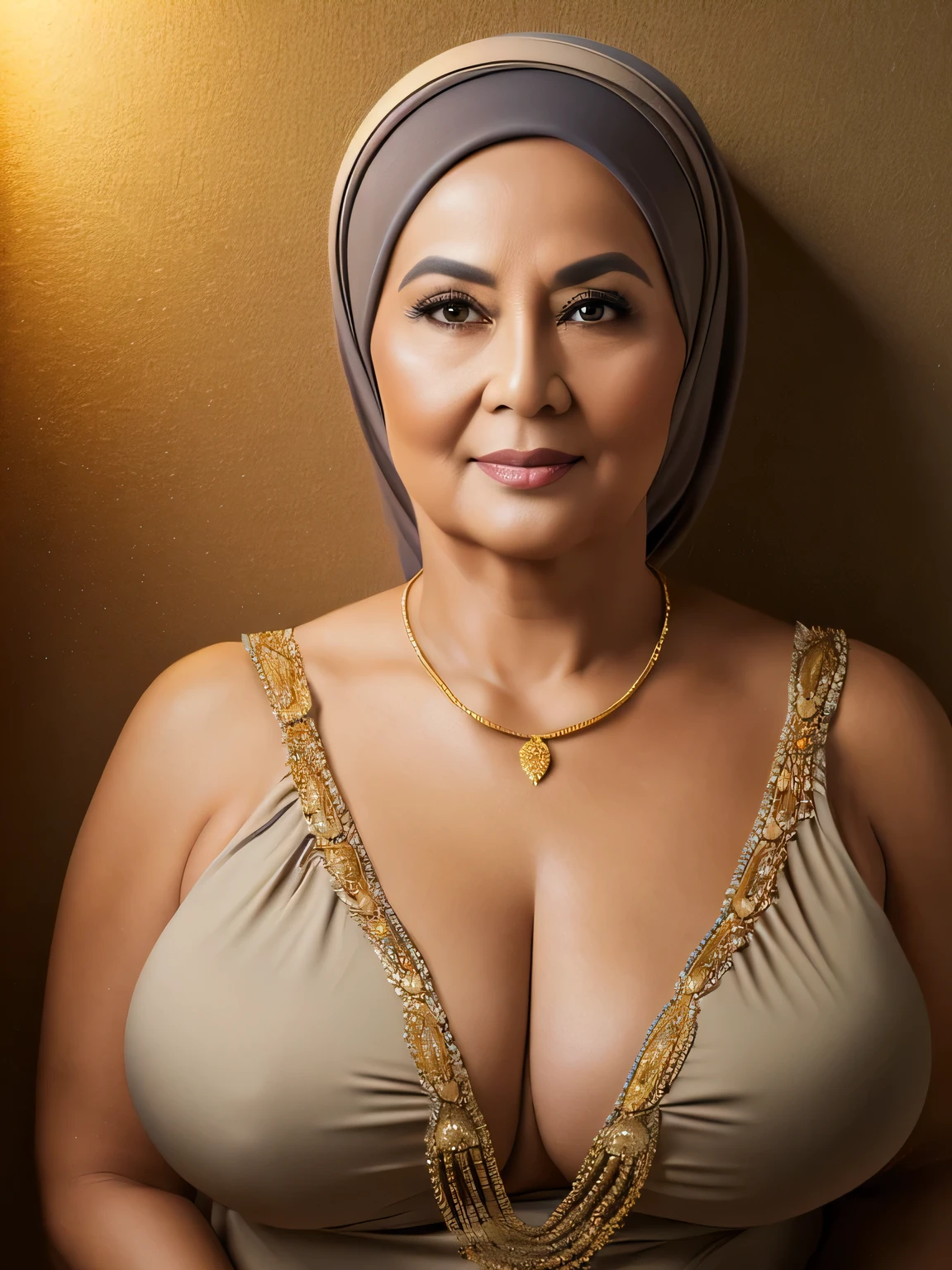 ((Realistic)) ((masterpiece)) 62 Years old, Brunei woman, (high class lady) (chubby body shape mature woman), (curvy sexy body shape) beautiful face, wearing Wide Hijab, perfect , natural Gigantic saggy breast : 96.9, gorgeous eyes, Soft smile, golden necklace, Breast about to burst Out, professional photography with dynamic lighting