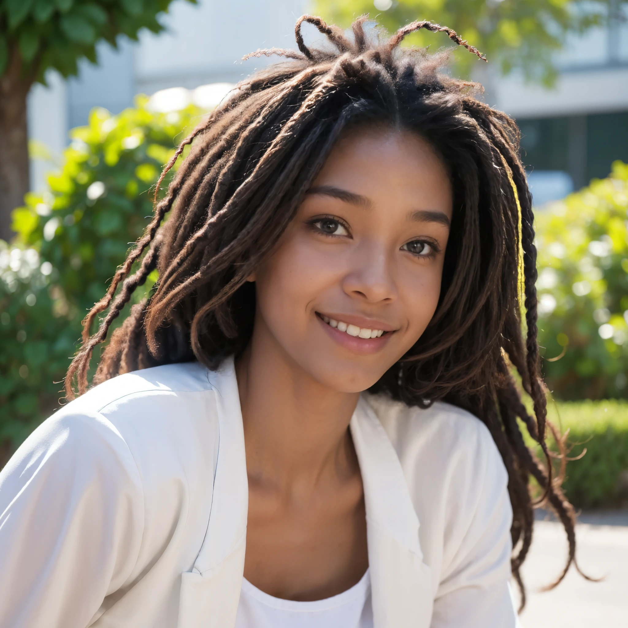 Portrait d’une jeune femme dans la vingtaine, tomboy style, d'une grande mignonnerie. Afro-American , mettant en valeur sa beauté. Ses yeux bridés d'un marron clair captivent quiconque croise son regard. A bright smile lights up his face, ajoutant à son charme naturel. Ses cheveux mi-longs sont tressés en dreadlocks, ajoutant une touche distinctive à son apparence.