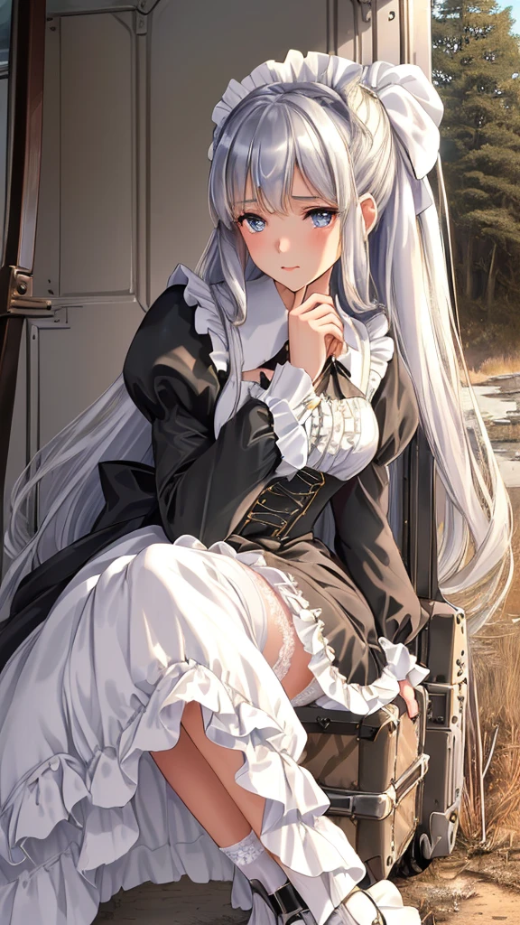 (masterpiece 1.8), ((ultra quality)), ((super fine illustration)), ((stunning cg)), 
1girl, solo, from side, ((very beautiful and cute girl)), (( old girl)), (silver hair), (super long hair),blue eyes, small bast, looking at viewer, bangs, suitcase, thighhighs, long sleeves, ((lace trimmed dress)), bow, ribbon, closed mouth, standing, silver hair, ((lot of frills)), parted lips, puffy sleeves, black thighhighs, ((frilled black dress)),pannier,lots of ruffles, lace ruffles,  garter straps, blue bow, juliet sleeves, lolita-fashion, ((gothic-lolita 1.6)), ((sitting on old suitcase)), ((hand on own chin:1.6)), soft light, beautiful thi-ghs(ultra beautiful reflection:1.3), 
(ultra beautiful lighting:1.4), 
(best shadow:1.3),
(sense of depth:1.5) reflected light, (pale tone), (outdoor), ((wilderness:1.8)), ((roadside:1.4)), ((bus-stop)),