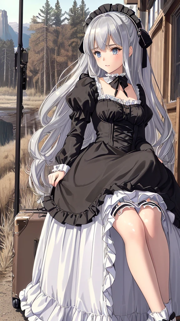 (masterpiece 1.8), ((ultra quality)), ((super fine illustration)), ((stunning cg)), 
1girl, solo, from side, ((very beautiful and cute girl)), (( old girl)), (silver hair), (super long hair),blue eyes, small bast, looking at viewer, bangs, suitcase, thighhighs, long sleeves, ((lace trimmed dress)), bow, ribbon, closed mouth, standing, silver hair, ((lot of frills)), parted lips, puffy sleeves, black thighhighs, ((frilled black dress)),pannier,lots of ruffles, lace ruffles,  garter straps, blue bow, juliet sleeves, lolita-fashion, ((gothic-lolita 1.6)), ((sitting on old suitcase)), ((hand on own chin:1.6)), soft light, beautiful thi-ghs(ultra beautiful reflection:1.3), 
(ultra beautiful lighting:1.4), 
(best shadow:1.3),
(sense of depth:1.5) reflected light, (pale tone), (outdoor), ((wilderness:1.8)), ((roadside:1.4)), ((bus-stop)),