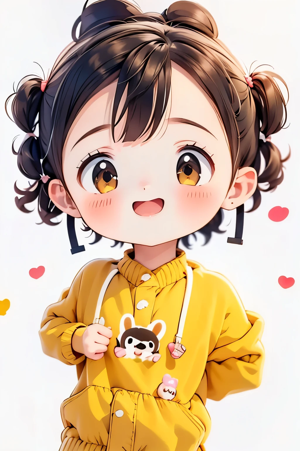 chibi anime style, sticker, delivery character, uniform, wearing yellow with red details, holding a box, cap on head, cheerful, detailed, 8k, white background, in the center of the image blurred edges, exciting delivery pose