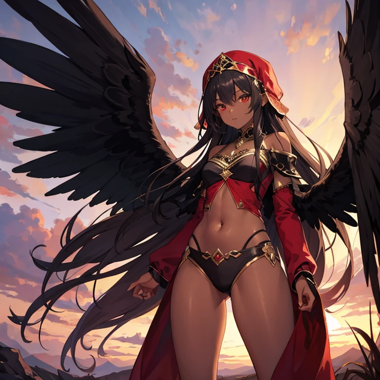 Thighs、Dark skin、Red clothes、belly button、shoulder、turbaned、The background is the wilderness、outside、long hair、Red eyes、Red sunset、Open-chested clothing、Black wings、