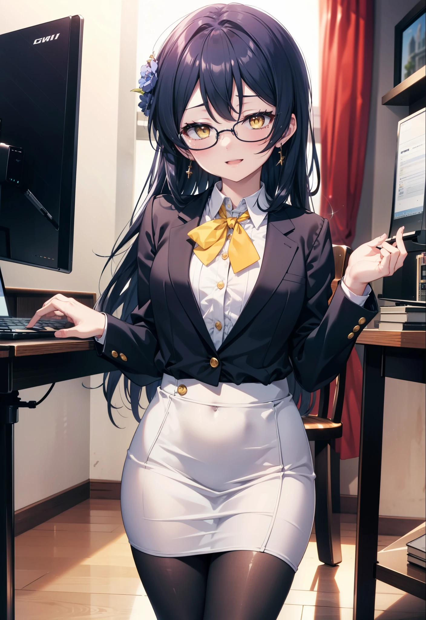 You are very kind, umi sonoda, Long Hair, Blue Hair, (Yellow Eyes:1.5) (Flat Chest:1.2),happy smile, smile, Open your mouth,OL, Akagi glasses, black suit jacket, Collared jacket, White dress shirt, Collared shirt, Neckline, button, Black pencil skirt, Black Pantyhose,Stiletto heels,sit cross-legged on a chair,interior,There is a computer on the table,touch typing,It's as if your whole body is in the illustration., break outdoors,city,Area,シティストリート break looking at viewer, (Cowboy Shot:1.5), break (masterpiece:1.2), highest quality, High resolution, unity 8k wallpaper, (shape:0.8), (Beautiful details:1.6), Highly detailed face, Perfect lighting, Highly detailed CG, (Perfect hands, Perfect Anatomy),