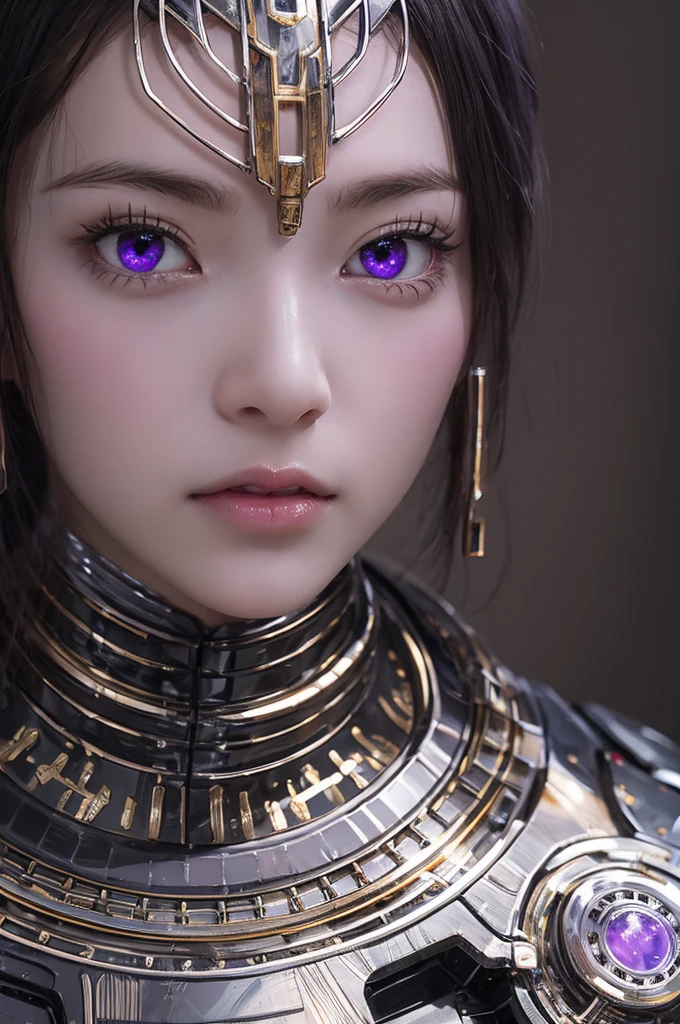 top quality, masterpiece, Ultra-high resolution, (Reality: 1.4), original photo, 1 girl, Black Hair, Smooth skin, 1.mechanical girl, (Ultra-realistic details)), portrait, Global Illumination, shadow, Octane Rendering, 8k, Extremely sharp, huge, Cleavage exposed rawhide, Metal, Exquisite decorative details, Egyptian details, Very intricate details, realistic light, CGSoation trends, Purple Eyes, Glowing eyes, face camera, Neon details, Mechanical limbs, blood vessels connected to tubes, A mechanical vertebrae attached to the back, Mechanical neck fixation device, sitting, Wires and cables to the head, Gundam, Small LED lights,