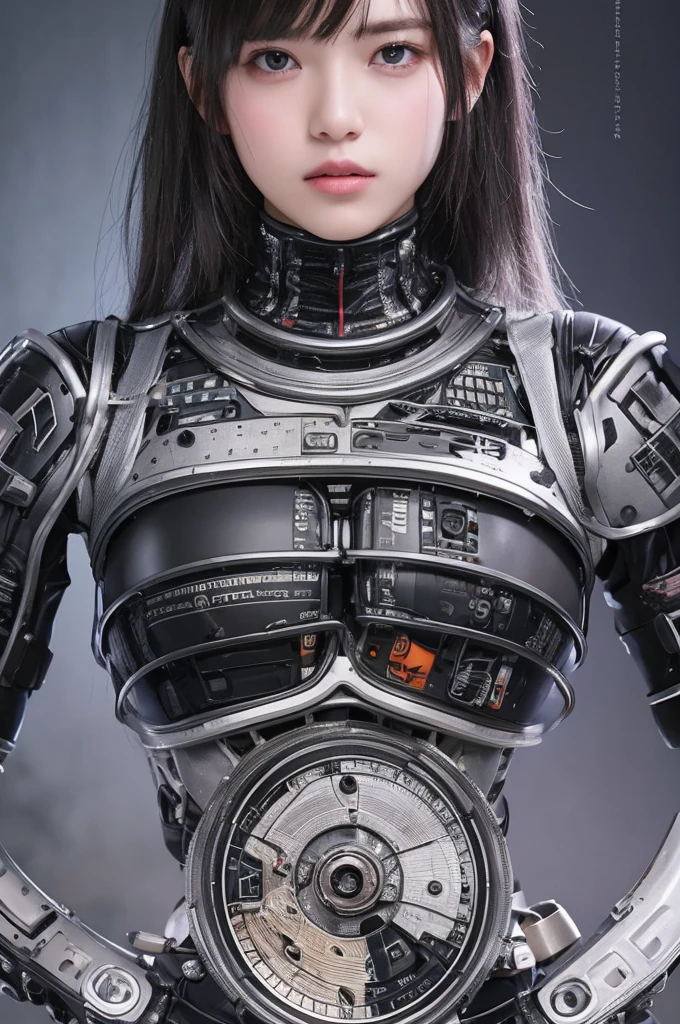 highest quality, masterpiece, Ultra-high resolution, (Realistic: 1.4), RAW Photos, 1 girl, Black Hair, Shiny skin, 1 Mechanical Girl, (Ultra-Realistic Details)), Portraiture, Global Illumination, Shadow, Octane Rendering, 8k, Ultra Sharp, big, Bare skin exposed from cleavage, Metal, Exquisite decorative details, More about Japan, Very intricate details, Realistic Light, CGSoation Trend, Purple eyes, Glowing Eyes, To the camera, Neon Details, Mechanical Limbs, Blood vessels connected to tubes, Mechanical vertebrae attached to the back, Mechanical cervical attachment to the neck, Sitting, Wires and cables connected to the head, Gundam, Small LED Lamp,