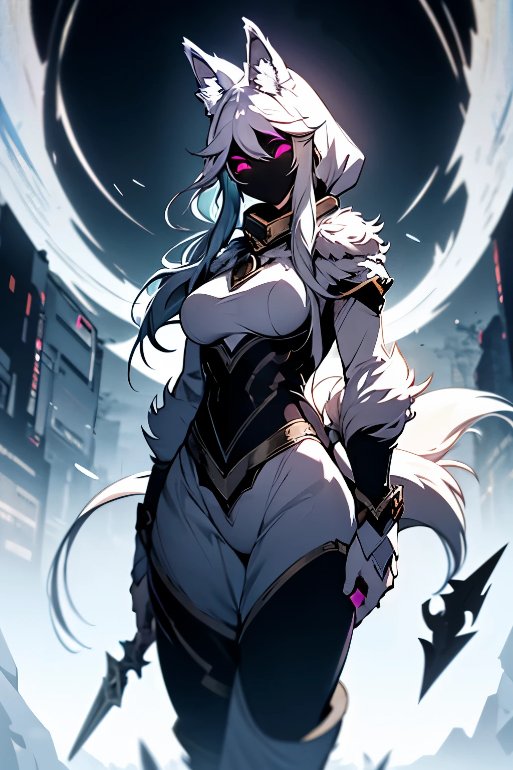 White hair, ethereal aura, serenity, wielded bow, light garments, spectral wolf, fierce nature, visual duality, soul hunters, smooth transition, agile posture, intense expression, light tones, dark tones, black facial mask.