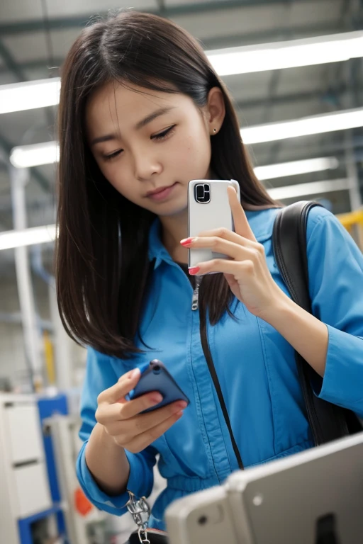 A woman inspecting a mobile phone at a factory