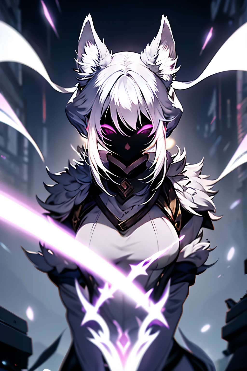 White hair, ethereal aura, serenity, wielded bow, light garments, spectral wolf, fierce nature, visual duality, soul hunters, smooth transition, agile posture, intense expression, light tones, dark tones, black facial mask.