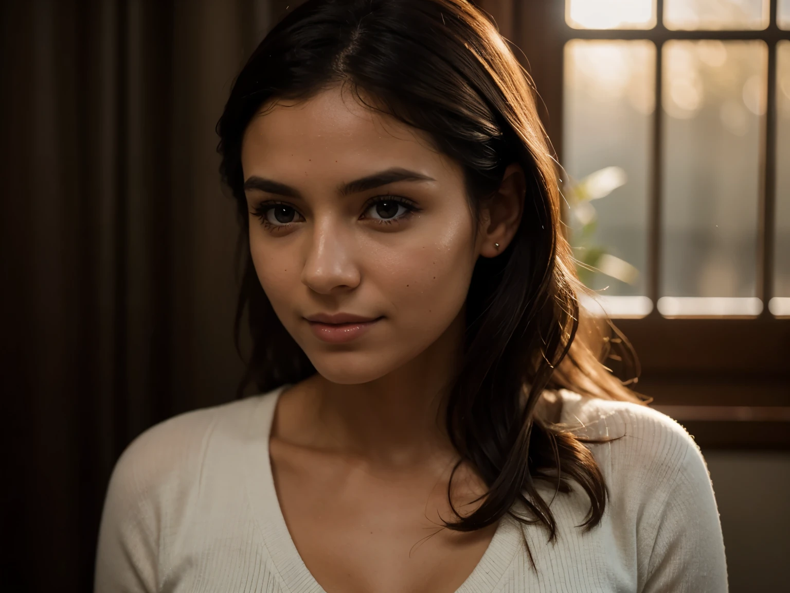 I take a picture of her with my Fujifilm X-H2S , one of the best 4k cameras you can get for advanced work. full 6.2k resolution of the sensor, she's in our dark room, deep dark shadows, tiny slit of light through closed curtains, the extraordinary sunrise sunbeam shaft across her gorgeous face, backlit beauty with sunrise light, stunning relaxed moment, warm sunbeam lens flare over her skin