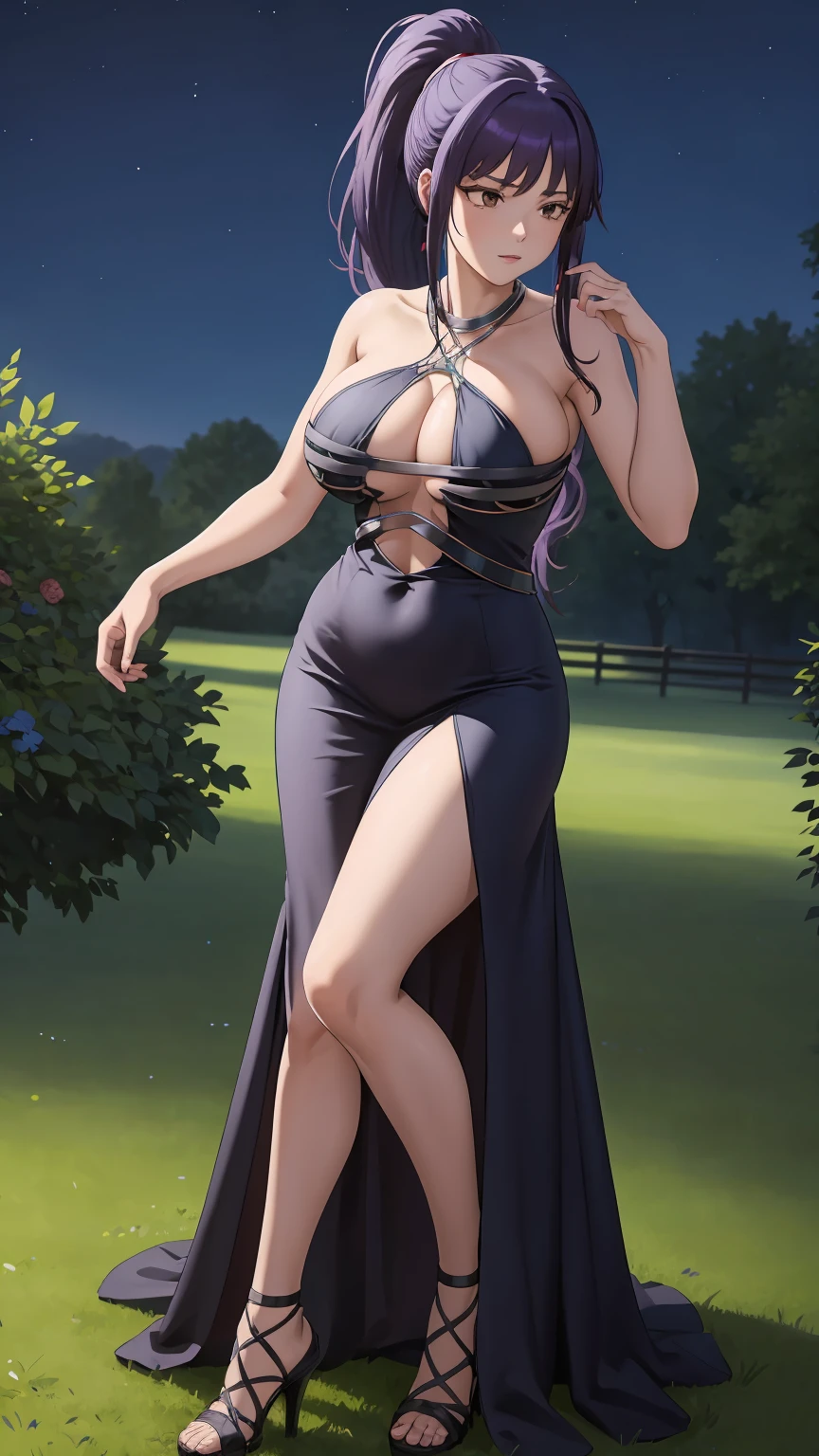 masterpiece, ultra high-quality, extremely detail 8k cg, high resolution, 1girl, yuugao, solo, purple hair, long hair, sidelocks, ponytail, brown eyes, perfect eyes, thin body, huge breasts, bursting breasts, evening gown, halterneck, criss-cross halter, high heels, choker, beautiful face, outdoors, garden, night time, full shot photo, full body