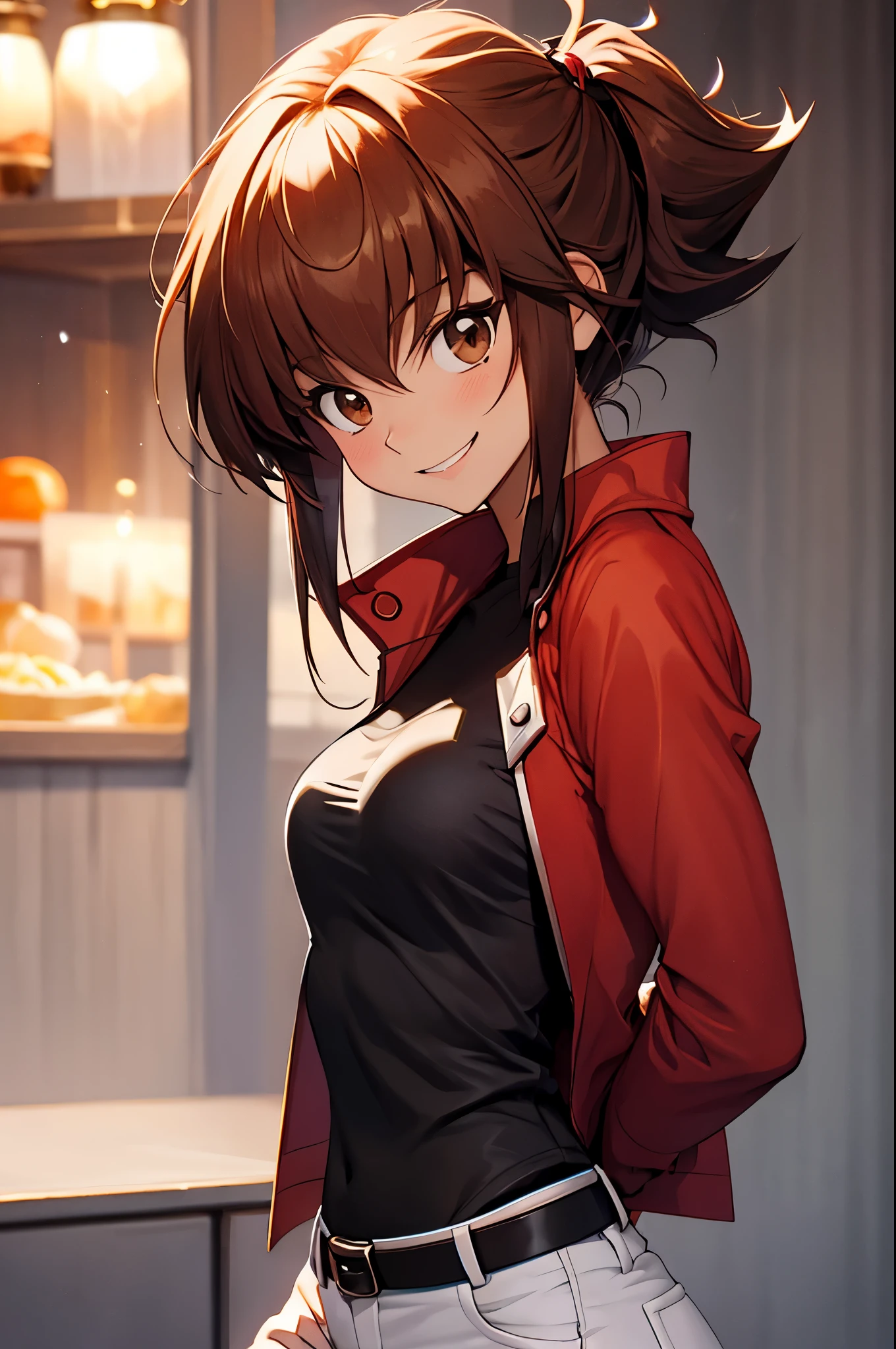 Yuuki Judai, 1girl,(female:1.5), Brown hair, Solo, Red jacket, Bangs, Black shirt, Open jacket, hair between eye, Long hair, Smile, White pants, red footwear,Duel Academy Uniforms (Yu-Gi-Oh! nffsw),
(Close Shot, Best Quality, hight resolution, 4K, Detailed Lighting, Shaders), 
Smile,
Looking at Viewer, Cowboy Shot,
