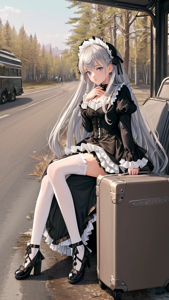 (masterpiece 1.8), ((ultra quality)), ((super fine illustration)), ((stunning cg)), 
1girl, solo, from side, ((very beautiful and cute girl)), ((16years old girl)), (silver hair), (super long hair),blue eyes, small bast, looking at viewer, bangs, suitcase, thighhighs, long sleeves, ((lace trimmed dress)), bow, ribbon, closed mouth, standing, silver hair, ((lot of frills)), parted lips, puffy sleeves, black thighhighs, ((frilled black dress)),pannier,lots of ruffles, lace ruffles,  garter straps, blue bow, juliet sleeves, lolita-fashion, ((gothic-lolita 1.6)), ((sitting on old suitcase)), ((hand on own chin:1.6)), soft light, beautiful thi-ghs(ultra beautiful reflection:1.3), 
(ultra beautiful lighting:1.4), 
(best shadow:1.3),
(sense of depth:1.5) reflected light, (pale tone), (outdoor), ((wilderness:1.8)), ((roadside:1.4)), ((bus-stop)),