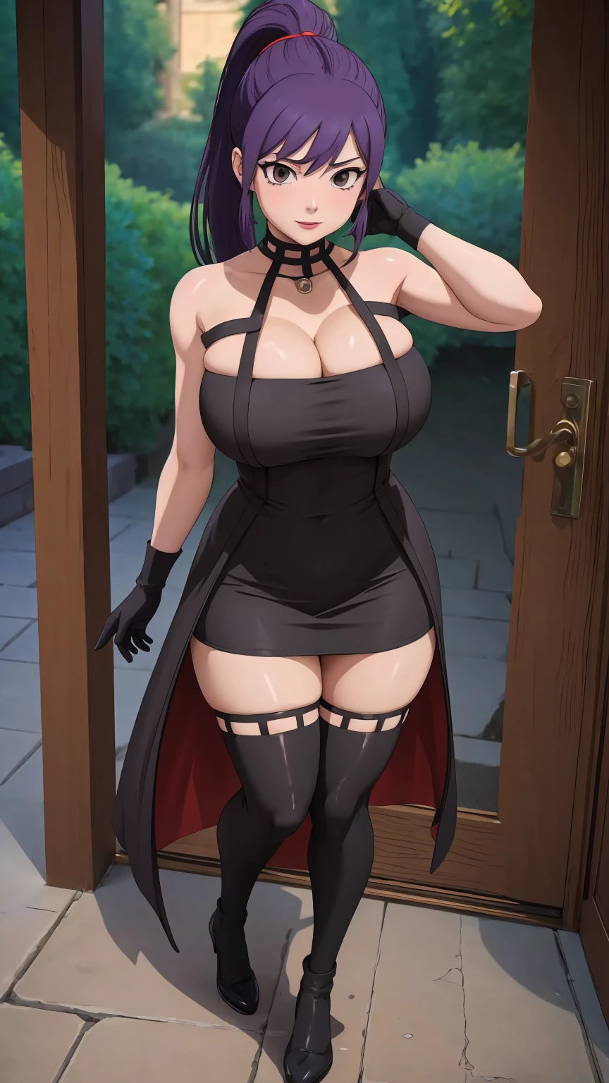 masterpiece, best quality, extremely detail 8k cg, high resolution, 1girl, yuugao, solo, purple hair, long hair, sidelocks, ponytail, brown eyes, perfect eyes, slim body, huge breasts, bursting breasts, standing, black dress, black thighhighs, black gloves, seductive face, outdoors, garden, night time, beautiful face, wide shot photo, full body
