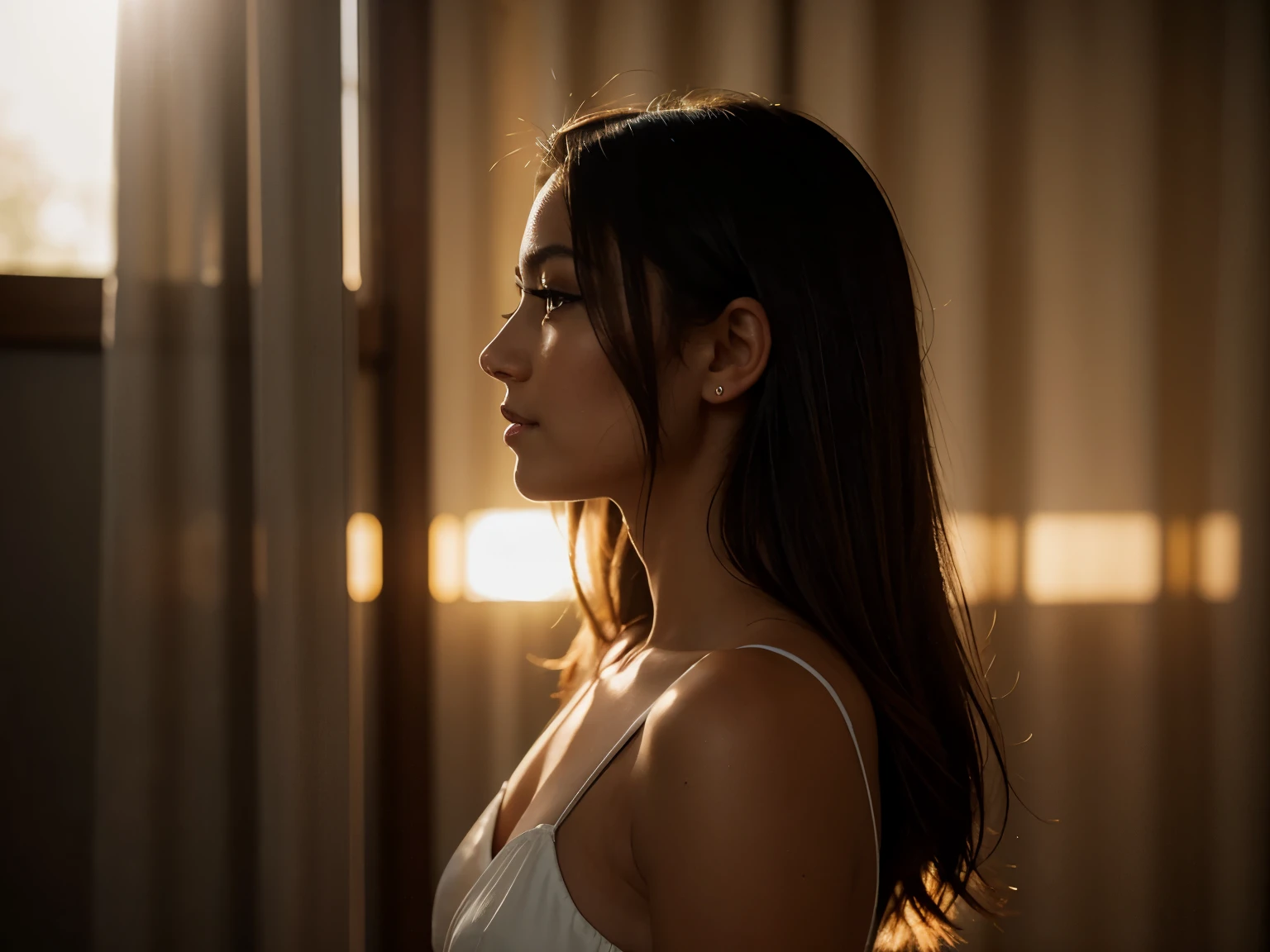 I take a picture of her with my Fujifilm X-H2S , one of the best 4k cameras you can get for advanced work. full 6.2k resolution of the sensor, she's in our dark room, deep dark shadows, tiny slit of light through closed curtains, the extraordinary sunrise sunbeam shaft across her gorgeous profile, backlit beauty with sunrise light, stunning relaxed moment, warm sunbeam lens flare over her skin