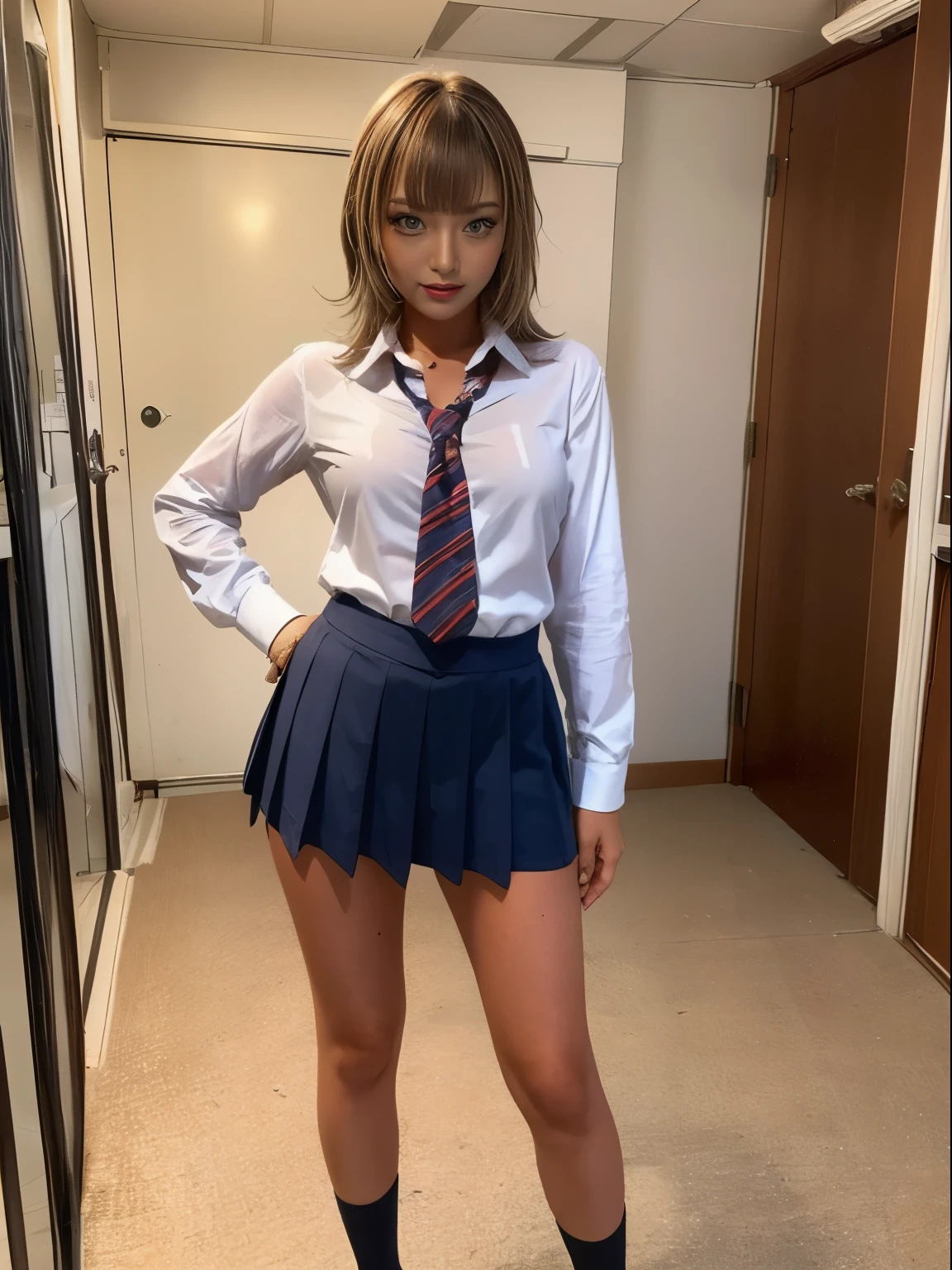 Standing facing forward,whole body,whole bodyが見える,カメラにwhole bodyが写る閲覧注意,Gal, (Anatomically correct),masterpiece, highest quality, Raw photo, Photorealistic, face,Beautiful girls, cute, Blunt bangs, Depth of written boundary, High resolution, 超detailedな, detailed, ighly detailedd, extremely detailedd eye and face, Sharp pupils, Realistic students, Sharp focus, Cinema Lighting, pale and tanned skin,alone,woman,(school uniform:1.2),Loose socks, ((Sensual;1.5)), Glamour, Sunburn marks on tanned skin