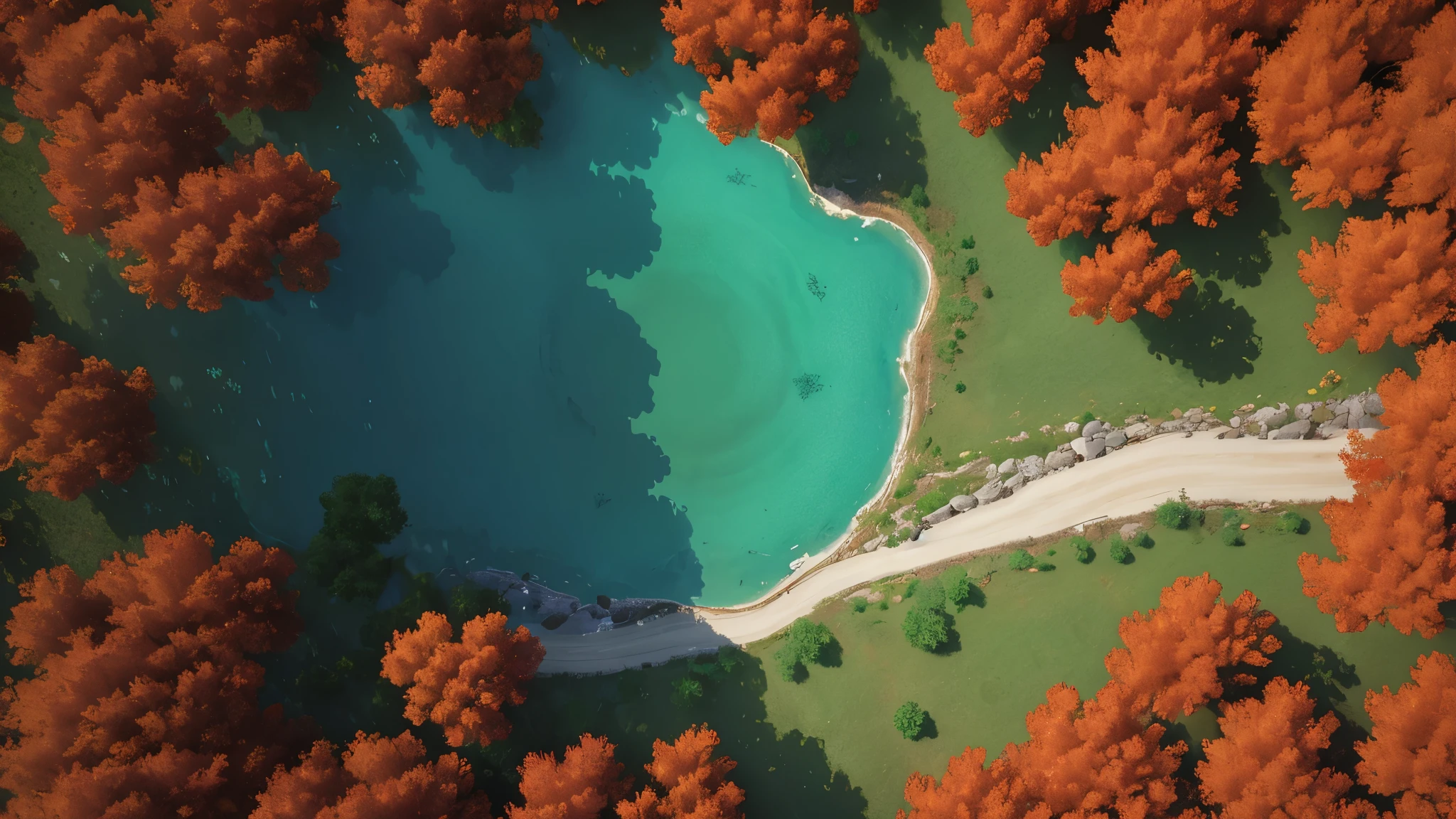 Masterpiece, best quality, 8k, Red forest, a white circle, lake at the end of the map.