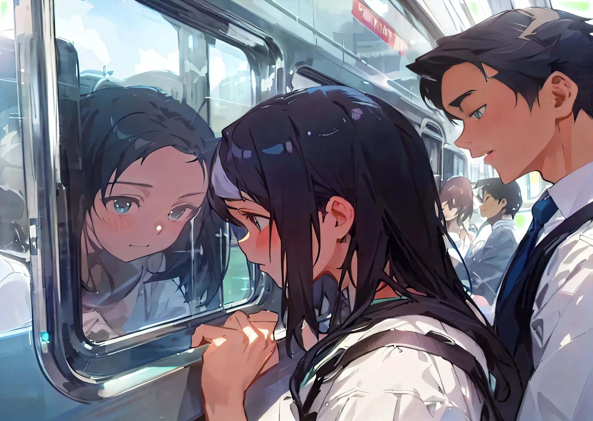 anime characters looking out of a train window at a woman, artwork in the style of guweiz, sakimichan and makoto shinkai, guweiz and makoto shinkai, ( ( makoto shinkai ) ), ross tran and makoto shinkai, reflections. by makoto shinkai, by Yanagawa Nobusada