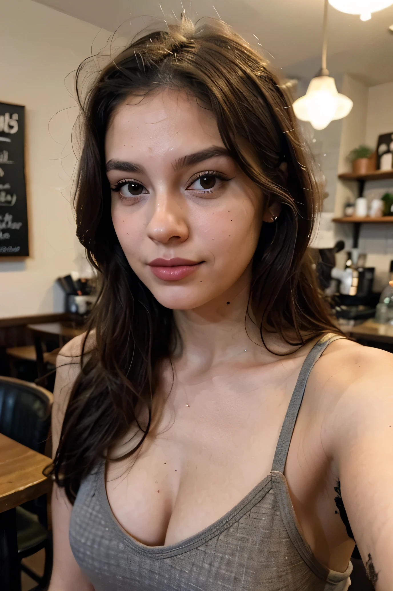 Photo of a 20 year old brunette woman., que tiene una cara muy natural, labios delgados, ojos delgados, cejas finas, nariz fina, pendientes, long eyelashes. She takes a cute selfie in a cafe.