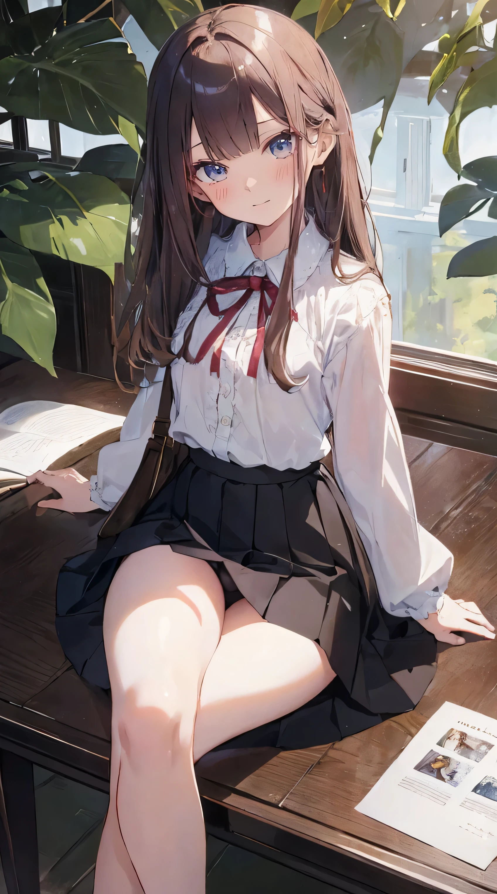 Masterpiece、Highest quality、highest quality、 ((panic))、Shiny hair quality、Small face、、Sitting、Super detailed, beautiful, wide eyes、Ultra-detailed, clear and beautiful faces、(cute illustration:1.2), High-resolution, ultra-detailed, best quality, embarrassed、(skirt)、(cute underwear)、Sitting with legs crossed、((Thighs))