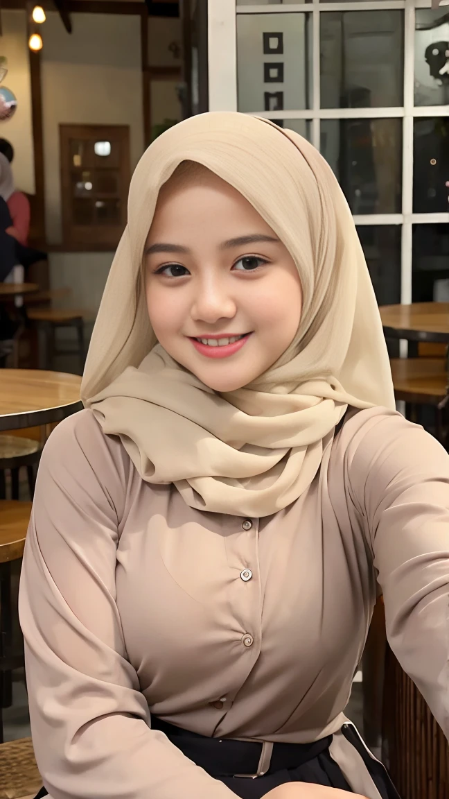 Selfie taken, See full body, luxury details, 8k, natural, realistic, amazing shots, ULTRA HD,
1 girl, 18 years old, smooth white face, white skin, smailing, neat white teeth, big breasts, wearing a long white hijab covering the body, with decorations on the hijab, Muslim clothes for worship, beautiful face, beautiful black face, cute, curly eyelashes, beautiful eyes , sweet smile, sitting on the bed, Indonesian Muslim, realistic, atmosphere in the out door, in the cafe,