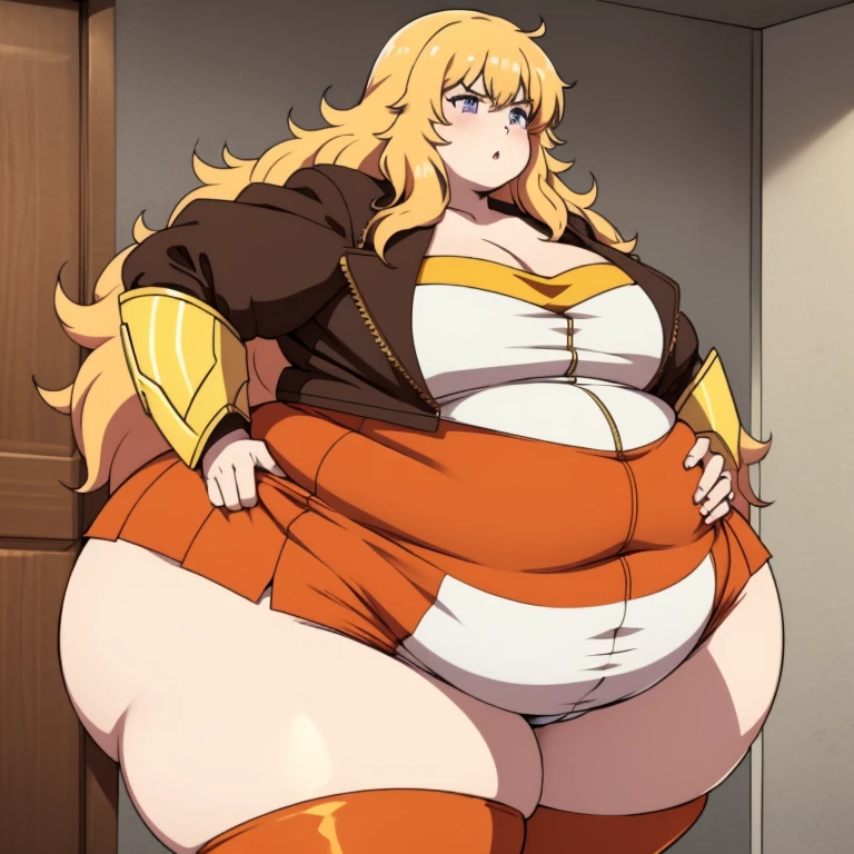 1girl, bottom-heavy figure, ((((incredibly big booty)))), ((((big ass)))), (((small chest))), plump, incredibly plump, (big belly), pout, embarassed, wide, (((obese))), (((fat))), ((love handles)), (((flat chest))), double chin, out of shape, obese, fatty, tall woman, ((milf)), big height, mature, standing, full body, bbw, ssbbw, yang xiao long, purple eyes, blonde hair, long hair, open jacket, brown shorts, thigh high boots,