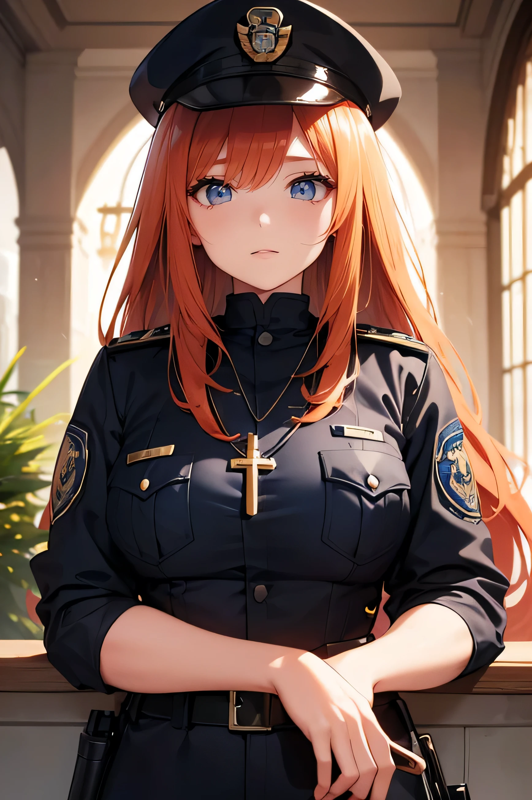 Ginger hair, long hair, straight bangs, police officer, police uniform, woman, illustrations, high-quality, ultra-detailed, realistic, vivid colors, portraits, warm tones, soft lighting. ((Necklace with a cross)) Crouched down.( Patrolling)