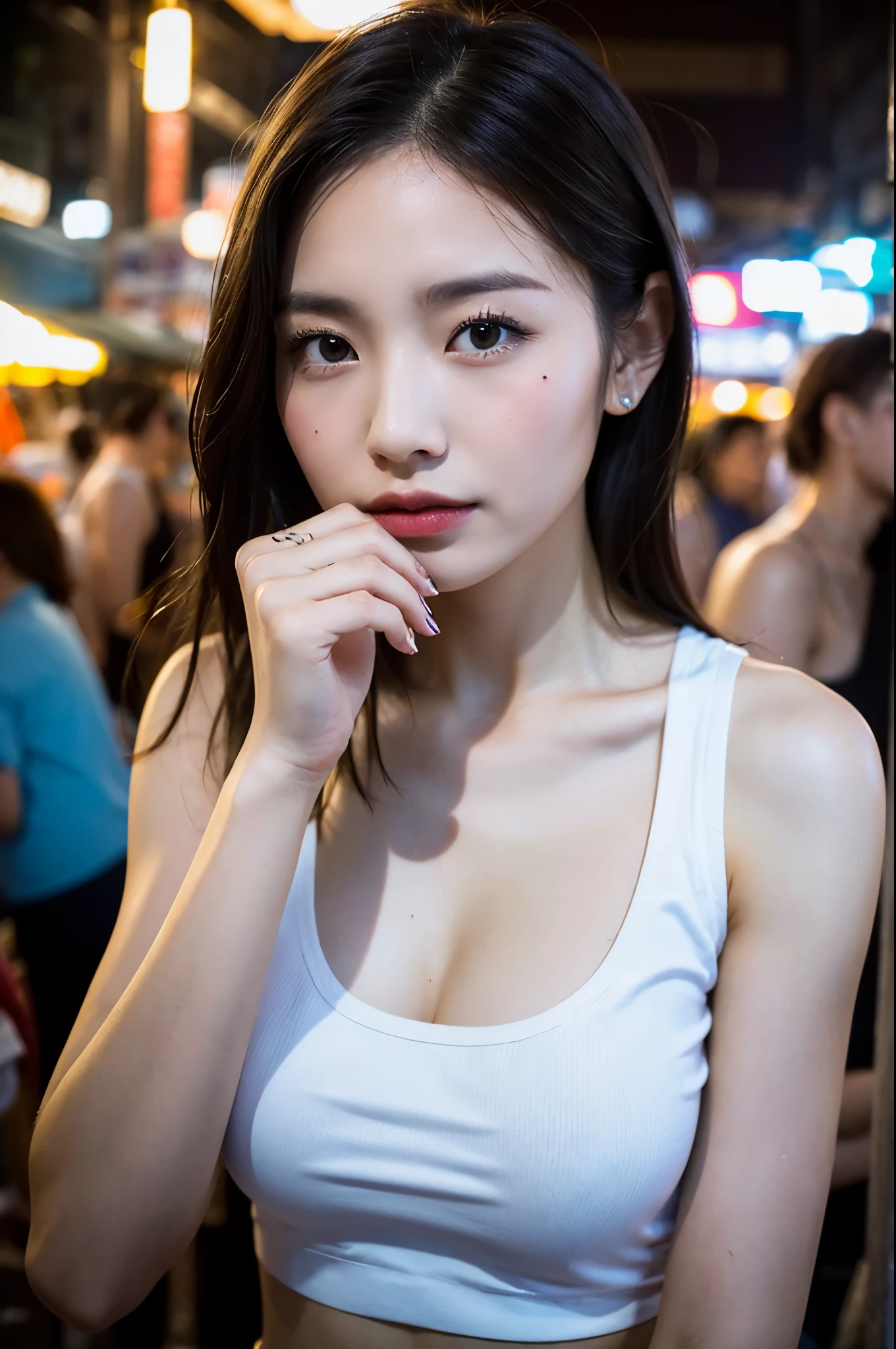 Top quality, one beautiful woman, hands on mouth, tank top, medium breast, many tattoos, upper body, 35mm lens, f/1, night market, Taiwan