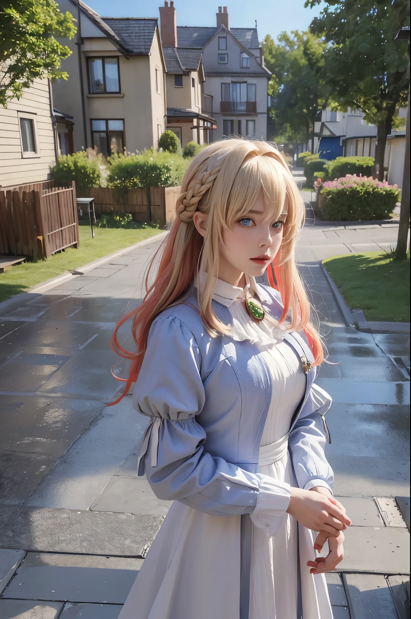1girl, (((masterpiece, best quality))),(realistic, photorealistic), violet_evergarden, cowboy shot, blonde hair,braid, red hair ribbon, bangs, short blue jacket, blue long sleeves, jewelry, blue eyes, brooch, ascot, ((white long dress)), looking at viewer, upper body, outdoors,((houses)) streets, raining, city,