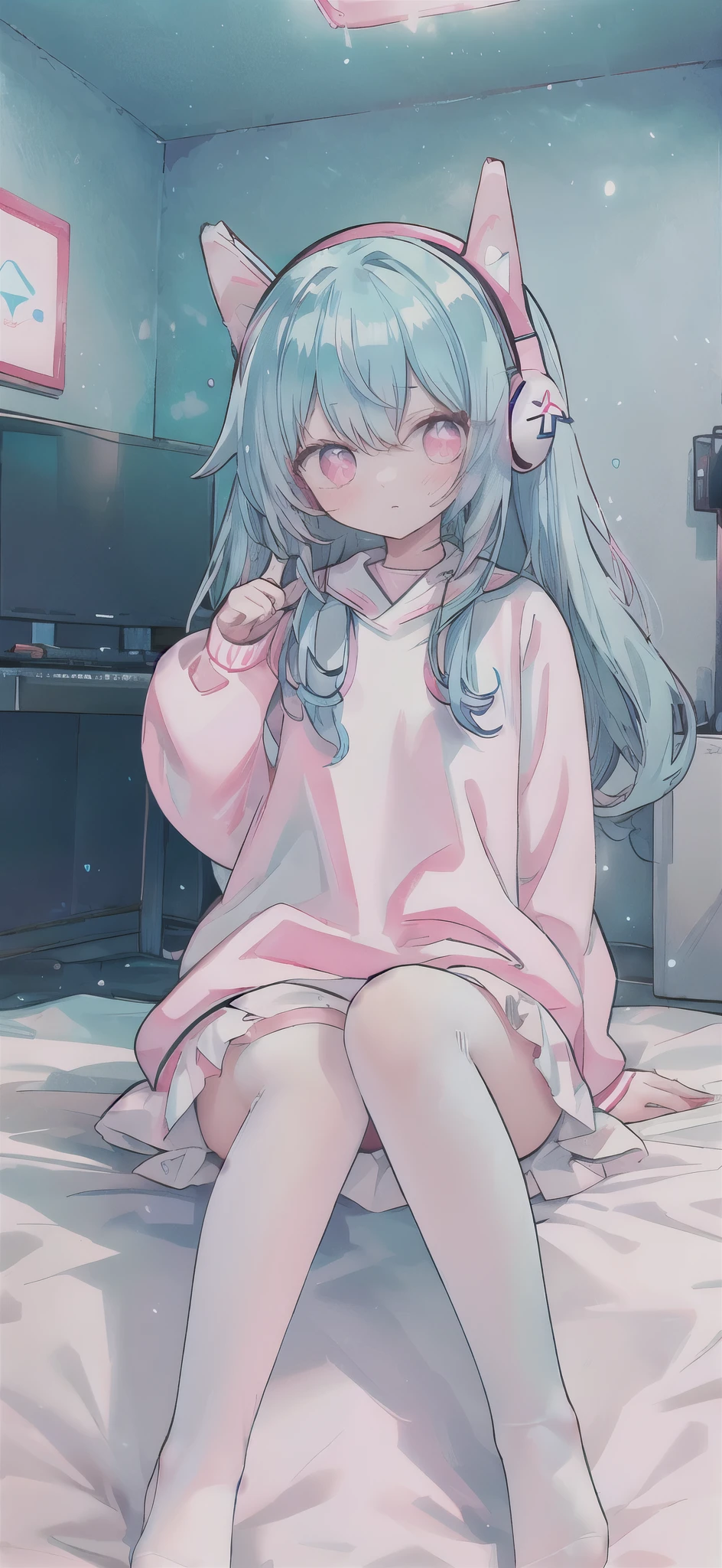 ，White knee socks，Long light blue hair，Pink and white sweatshirt，pink eyes，Blue headphones