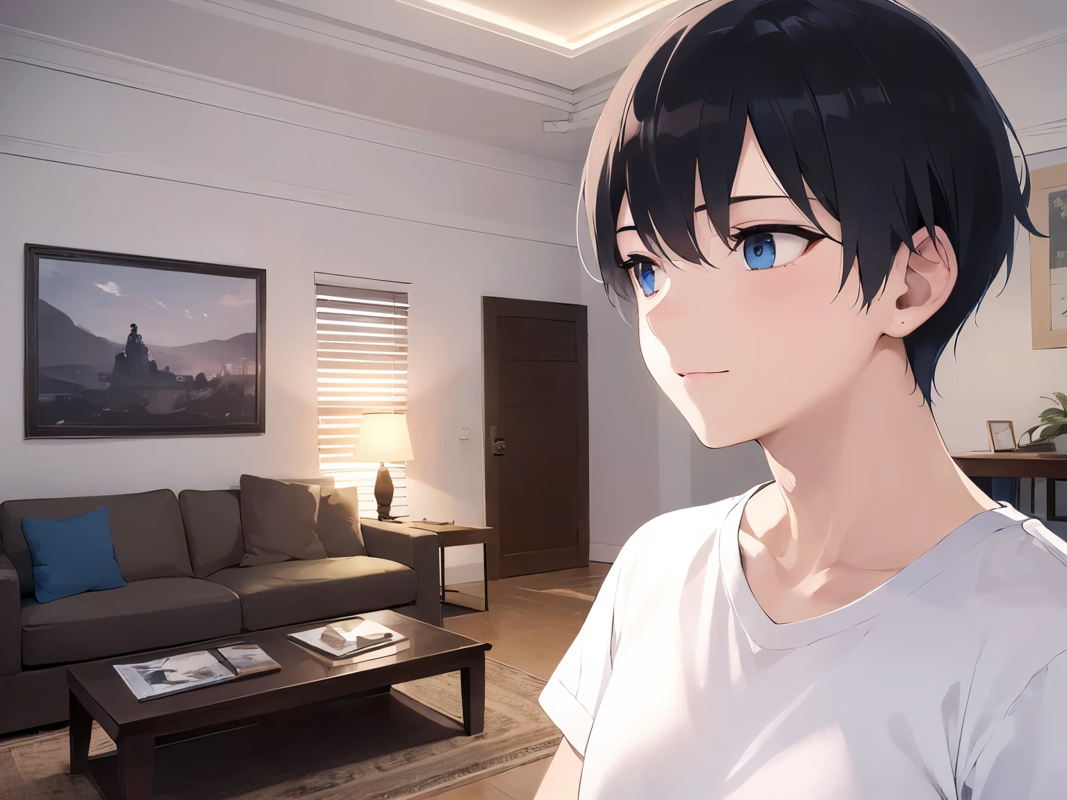 (looking away:1.5), side angle, masterpiece、highest quality、(25-year-old male:1.5) and (Black short hair) and (blue eyes), White T-shirt、Are standing、Confused expression、smile, The background is the living room at night、illumination、(Alone:1.5)、