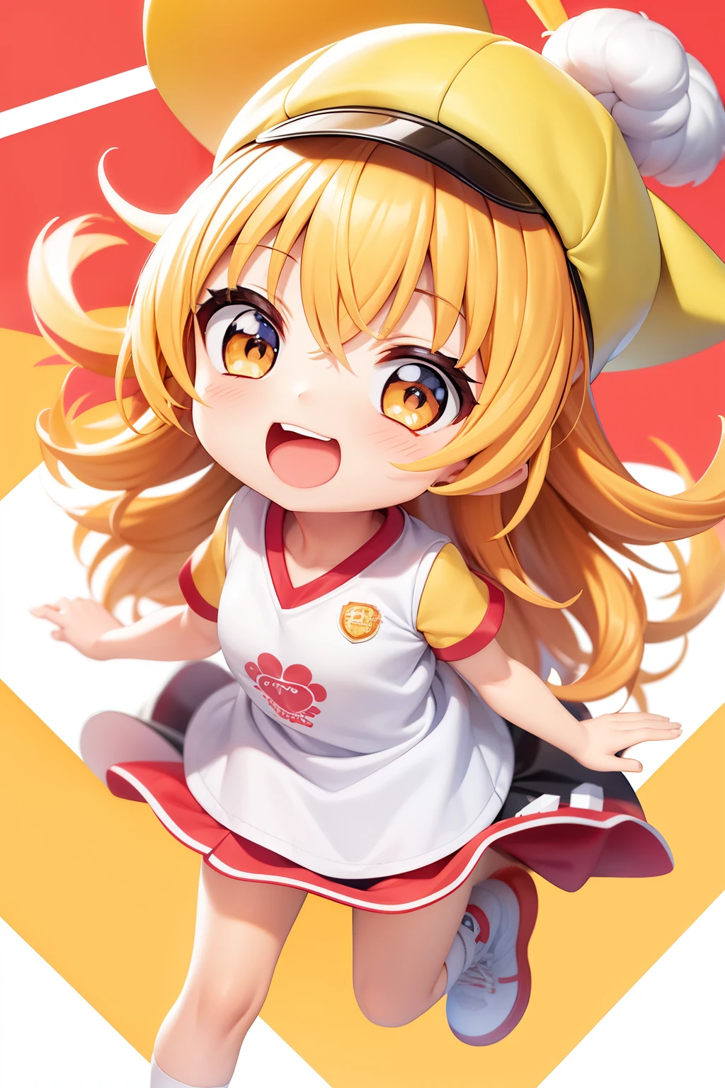In the heart of an 8k white background, a chibi anime delivery character comes to life, wearing a uniform dotted with yellow and vibrant red details. The cap sits firmly on the character's head, and a cheerful expression graces their small, detailed face. With excitement, they hold a box close to their chest, the edges of the image softly blurred around them, as if to focus the viewer's attention on the energetic scene of this delightful sticker come to life.