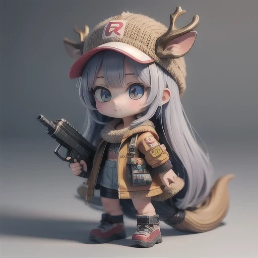 (masterpiece, best quality:1.2), 1girl, ((masterpiece, highest quality, Highest image quality, High resolution, photorealistic, Raw photo, 8K)), Retro Game, Nintendo, SEGA, Namco, Cyberpunk 1:25 miniatures，illustration，Side viewing angle，（（Side viewing angle）），Wear gold wire-rimmed reflective sunglasses，Carry future weapons，very happy，Side viewing angle，whole body，three-dimensional，octane rendering，Perfect face，Collagen texture((flowing hair))（（Elunchun Deer Antler Hat））