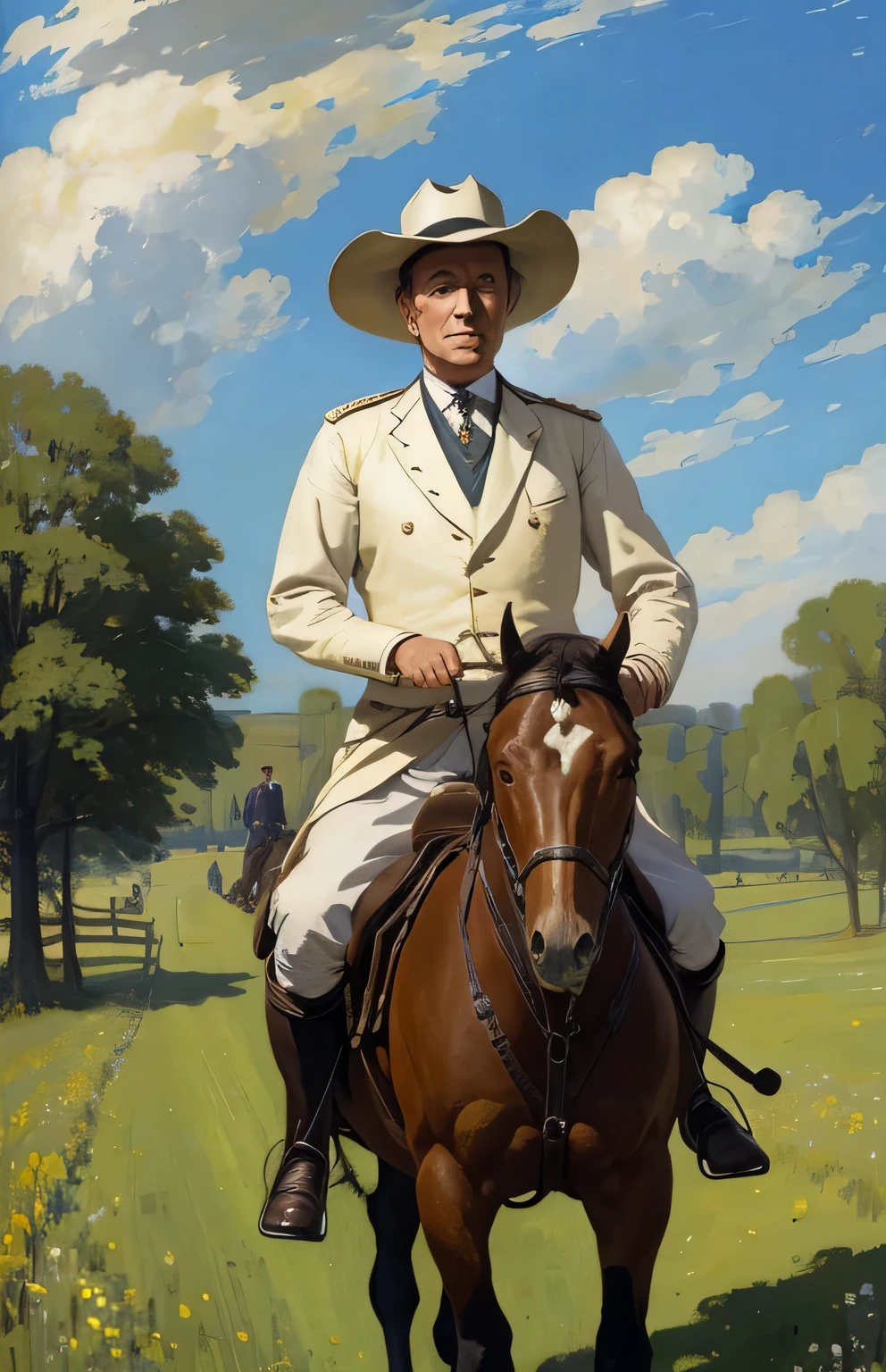 painting of a man in uniform riding a horse in a field, by Sir Alfred Munnings, inspired by Sir Alfred Munnings, on a horse, inspired by Stanhope Forbes, horse rider, by Basil Blackshaw, inspired by Rosa Bonheur, cavalry, commander, captain, peter, inspired by Aelbert Cuyp