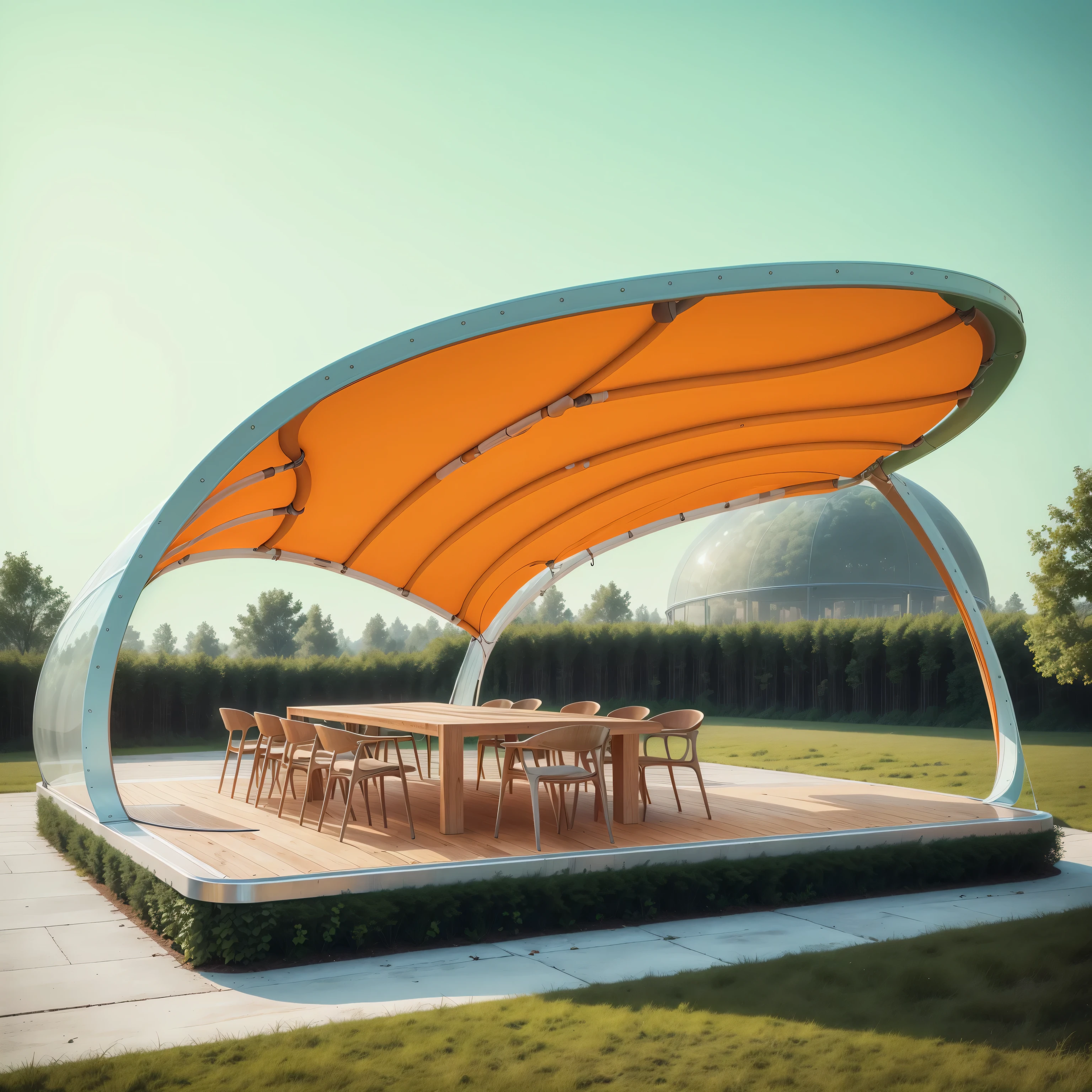 There is a large outdoor dining area，There was a table and chairs, Covered outdoor stage, Award-winning shades, Canopies, Height Rendering, pavilion, overhead canopy, artistic masterpiece, Thomas Haffner, tent architecture, Outdoor tones, lifelike&quot;, “Photorealism”, Sports Palace Amphitheater, Smooth curvature design, Cover solar system