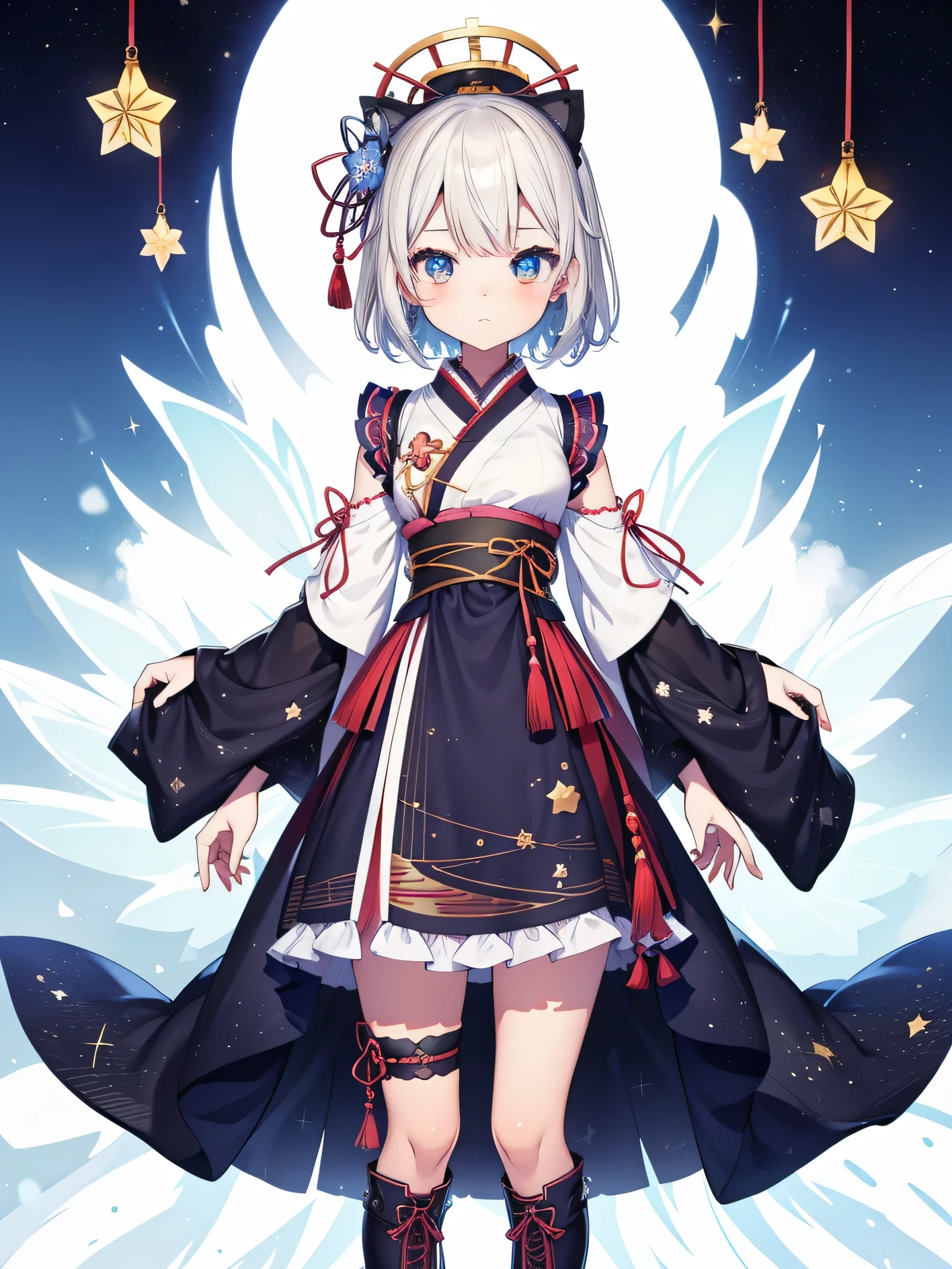 1girl、vtuber-fullbody、Star Fairy、masterpiece、official art、Super detailed、super beautiful、Cute Star Fairy、white straight short hair、Milky Way、universe、star charm、star、baby face、Knee-high boots、Japanese pattern dress、A beautiful girl wearing black and white clothes that are a remake of a yukata.、Oiran ruffle dress reminiscent of the universe、Oiran