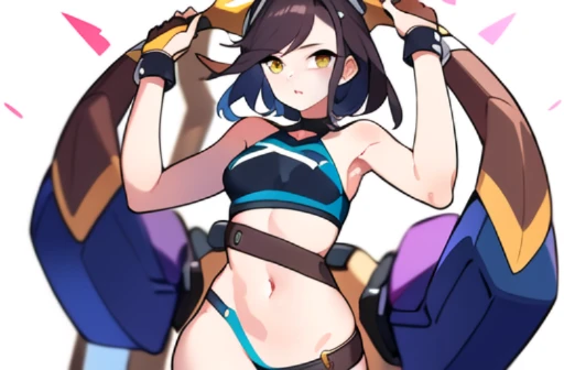 colorful , masterpiece, best quality, 1girl, weapon, solo, holding weapon, ((blurry background)), bare shoulders, variety of color clothes, variety of hairstyles, crop top, thong, orange, green, violet, brown, white, (((low detail background))),