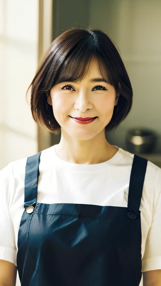Photograph the whole body from head to toe A 50-year-old Japanese woman standing facing forward wearing black bottoms short hairの黒い髪の毛 whole body Has a slightly plump figure She is cooking in an apron with the kitchen in the background woman 45 years old short hair、((Black Hair)、short hair beautiful hair shiny hair Japan( sharpen ), (She is wearing a neat apron over a white T-shirt),(The background is a typical Japanese kitchen.) (Purelos Face_v1:0.7), (8K, highest quality), unconscious, Open Eyes,High resolution, original, (Flat Color:0.9),(Colorful:1.1),(masterpiece:1,2), highest quality, masterpiece, High resolution, original, Viewer Perspective, alone, Portrait, Mature Woman Body Set, A slight smile,Natural wrinkles, Wrinkles around the eyes, Surreal, Natural Skin, Natural Hair Color, Bright red lips whole body像