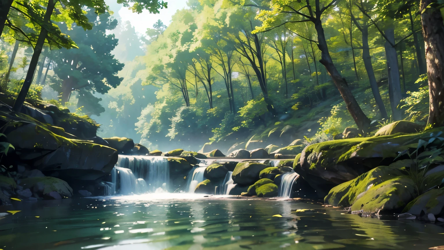 Lush, forest, lake, stream, large tree branches、perspective、perspective、Majestic panorama、HD detailed、Hyper Detail Nobi、Deep focus bokeh、Ray Tracing、